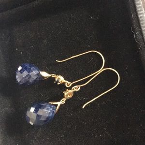 SJI 14k Gold hook teardrop blue stone earrings